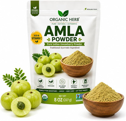 Organic Amla Powder - Pure Indian Gooseberry Vitamin C Supplement for Immune Support and Skin Health - 227 g