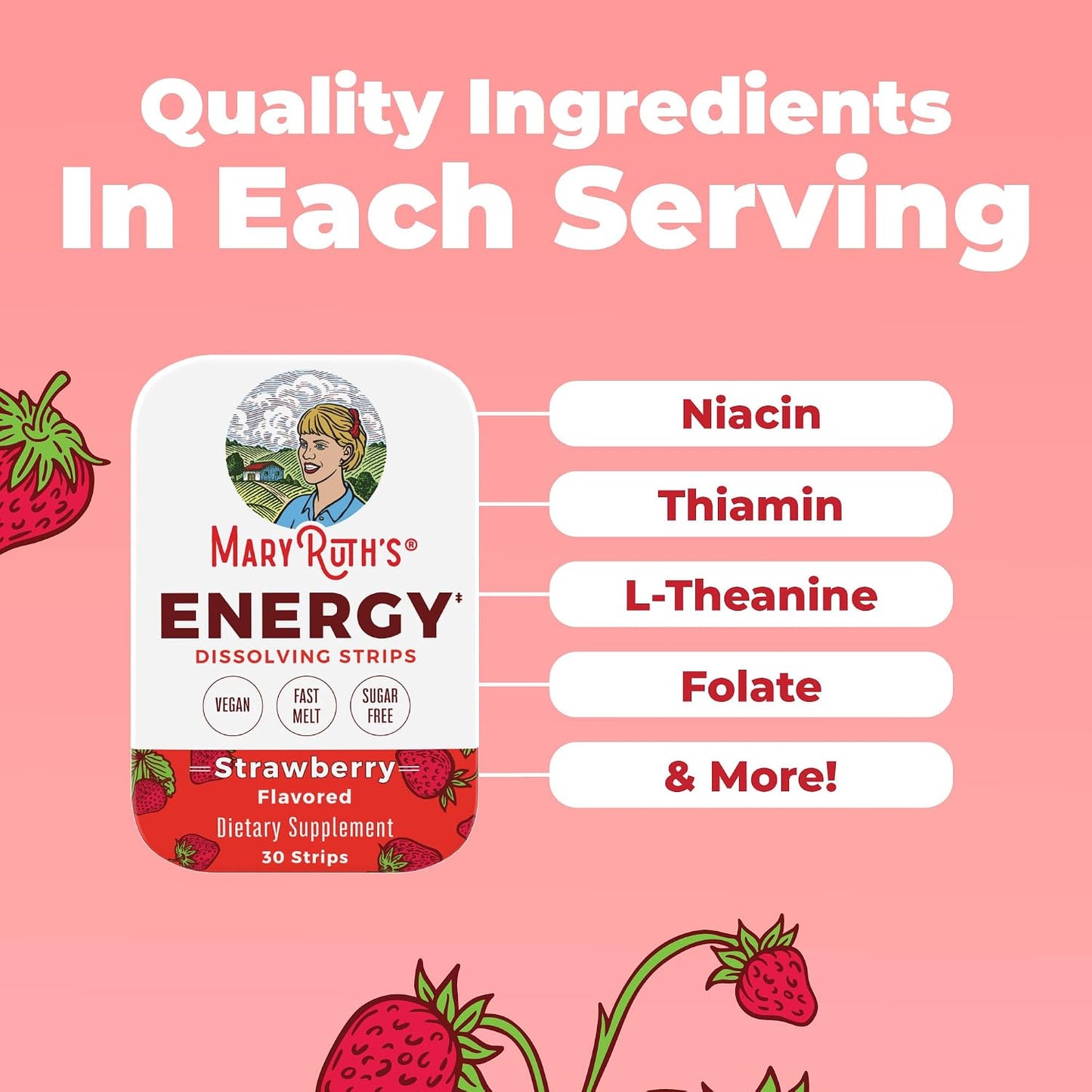 MaryRuth's Energy Dissolving Strips - B Vitamin Complex for Normal Energy Metabolism, Strawberry, 30 Strips - görsel 5