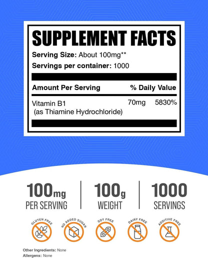 BulkSupplements Thiamine HCl Powder - Vitamin B1 Supplement, 100mg per Serving, 100g
