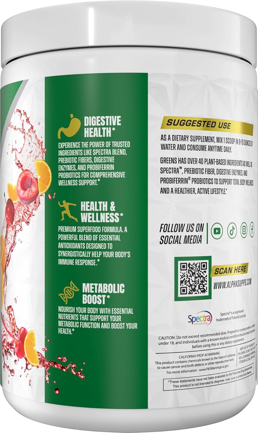 Alpha Supps - Alpha Greens Supplement | Fruit & Vegetable Superfood Powder | Over 40 Natural Plant Based Ingredients | Prebiotic & Probiotic Digestive Support Blend - 30 Servings (Orange Cherry) - görsel 5