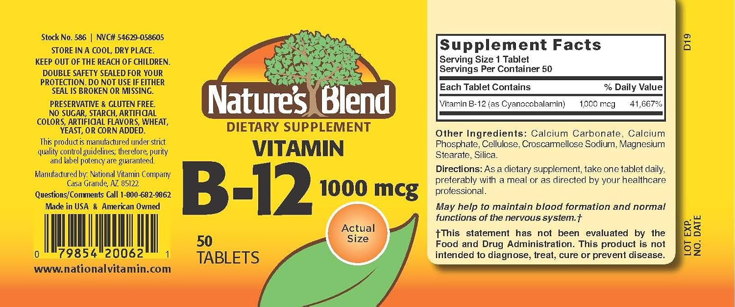 Nature's Blend Vitamin B12 Tablets, 1000 mcg, 50 Tablets - görsel 2