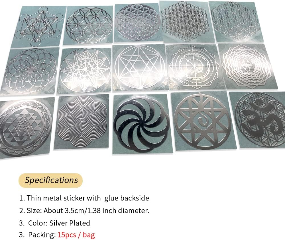15 Pack Flower of Life Orgonite Metal Stickers – Sacred Geometry Decals for Energy Towers, Pyramids and Crafts (Silver) - görsel 2