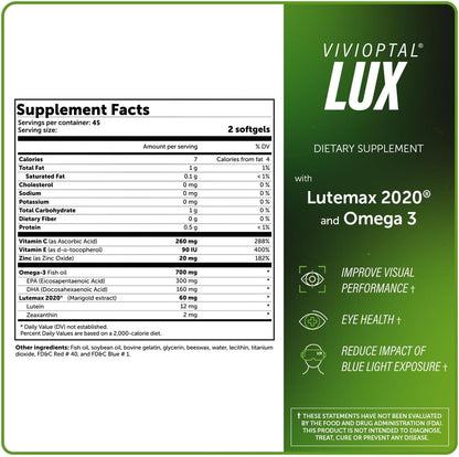Vivioptal Lux Multivitamin & Multimineral with Lutemax 2020, Omega-3, and Zinc - 90 Softgels