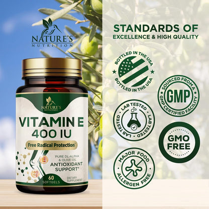 Vitamin E 180mg Per Serving - dl-Alpha Tocopherol Supplement for Skin and Immune Support - 60 Soft gel capsules