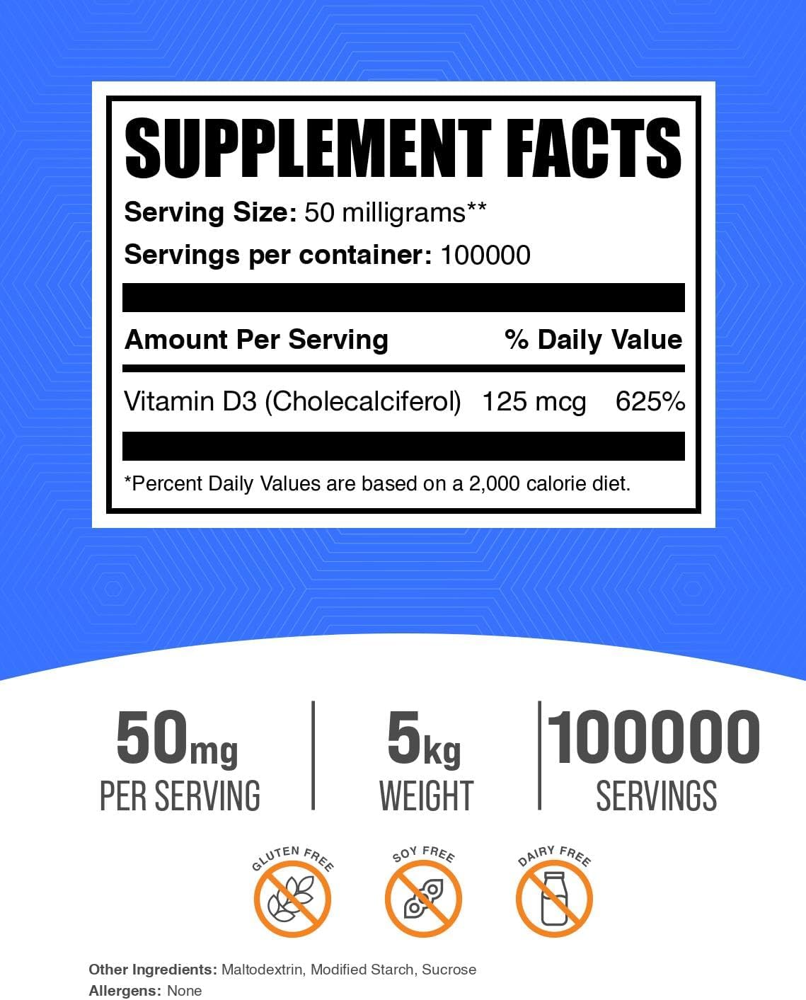 BulkSupplements Vitamin D3 Powder - Cholecalciferol, 5000 IU, Gluten-free, 5kg - görsel 2