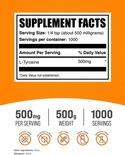 BulkSupplements.com L-Tyrosine Powder - Sports Nutrition, Amino Acid Supplement - Unflavoured & Gluten-free, 500mg per Serving, 500g