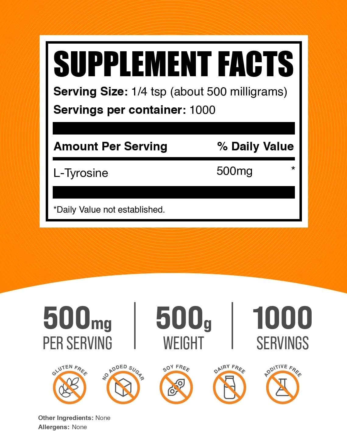 BulkSupplements.com L-Tyrosine Powder - Sports Nutrition, Amino Acid Supplement - Unflavoured & Gluten-free, 500mg per Serving, 500g (Pack of 1) - görsel 2