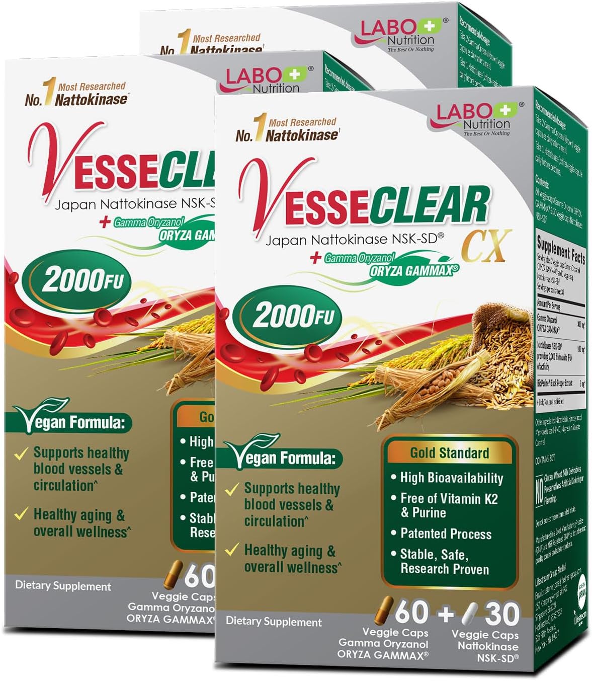 LABO Nutrition VesseCLEAR CX Nattokinase NSK-SD with Gamma Oryzanol – 90 Vegan DRcaps (45-Day Supply, 3-Pack) - görsel 1