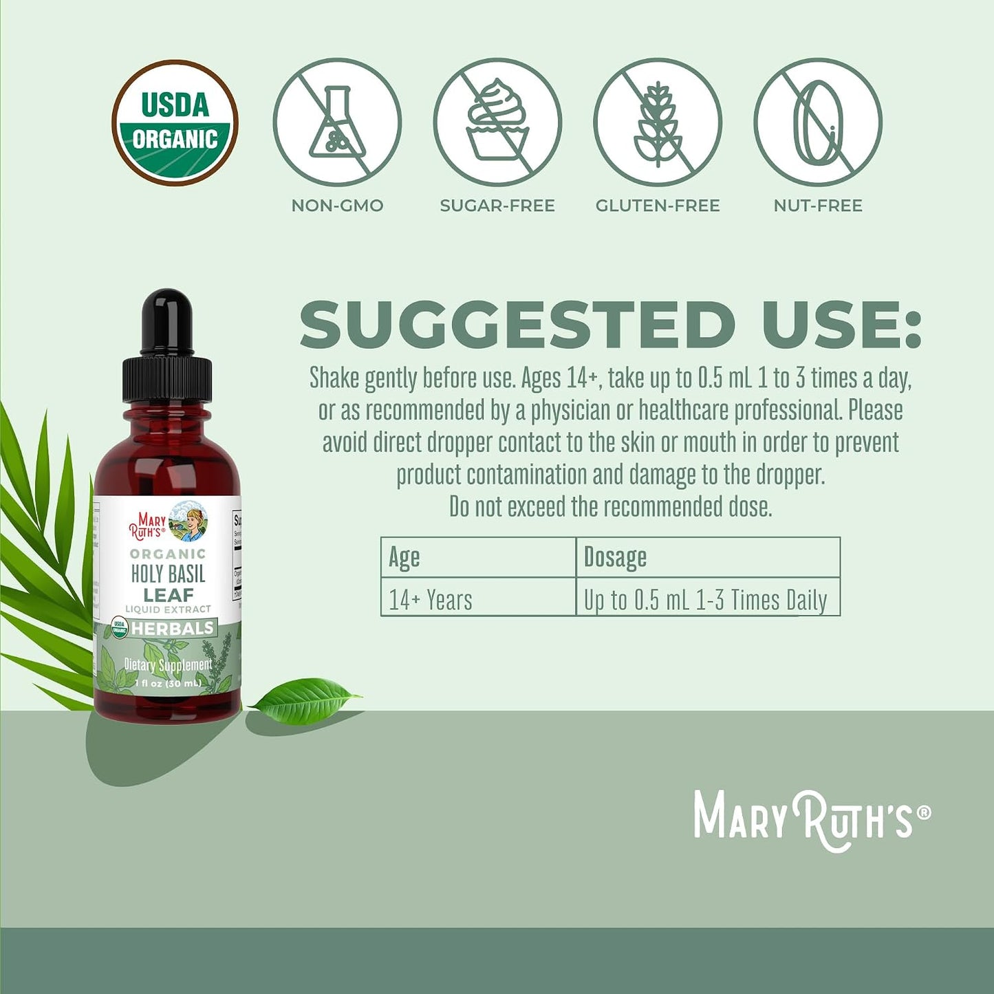 MaryRuth's Organic Holy Basil (Tulsi) Liquid Drops – 590 mg, 30 ml (1 fl oz) - görsel 3