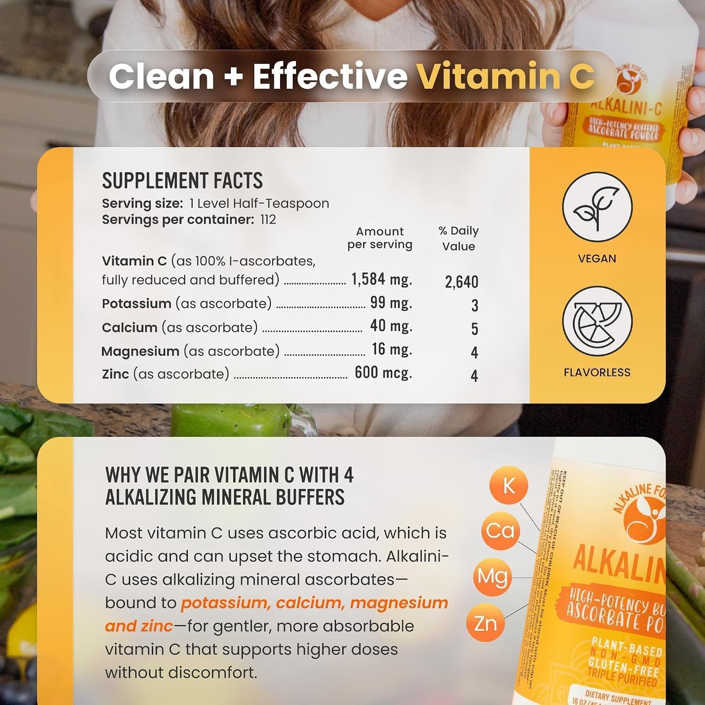 Alkaline for Life Alkalini-C Buffered Vitamin C Powder, Corn-Free, 1,584 mg - görsel 3
