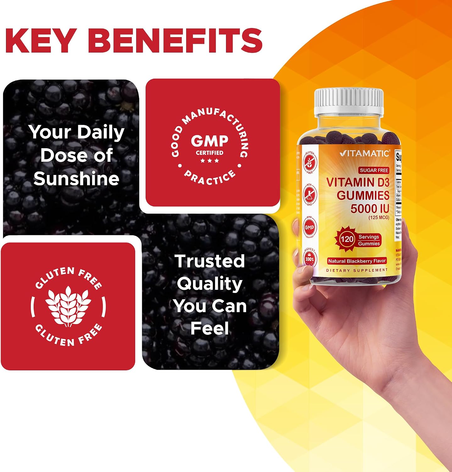 Vitamatic Sugar Free Vitamin D3 5000 IU Gummies – Natural Blackberry Flavour (120 Count) - görsel 5