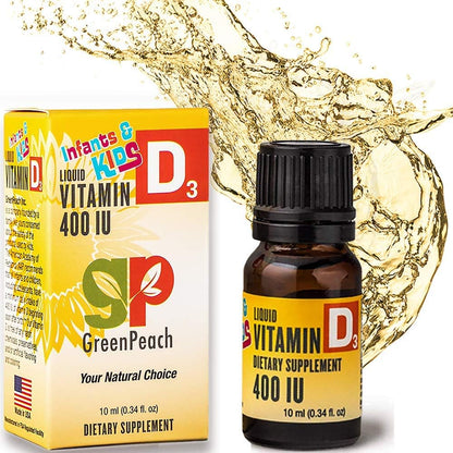 GreenPeach Organic Baby & Infant Vitamin D Drops - Vegetarian 400 IU Liquid Vitamin D3 for Babies & Newborns | No Sugar or Flavours | Non-GMO | Gluten-free & Gentle on the Stomach | Ages 4 & Under - Pack of 3
