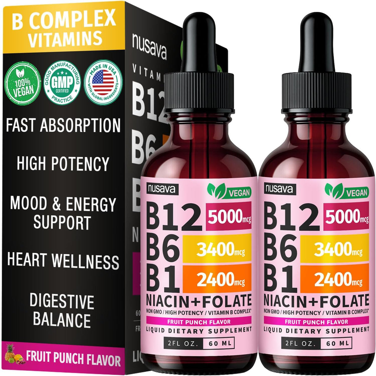 NUSAVA Vitamin B1 (Thiamine) & B12 Liquid Drops – Sublingual Methylcobalamin B Complex – Vegan, Non-GMO, Gluten-free – Crimson Orange (2-Pack, 60 ml each) - görsel 10