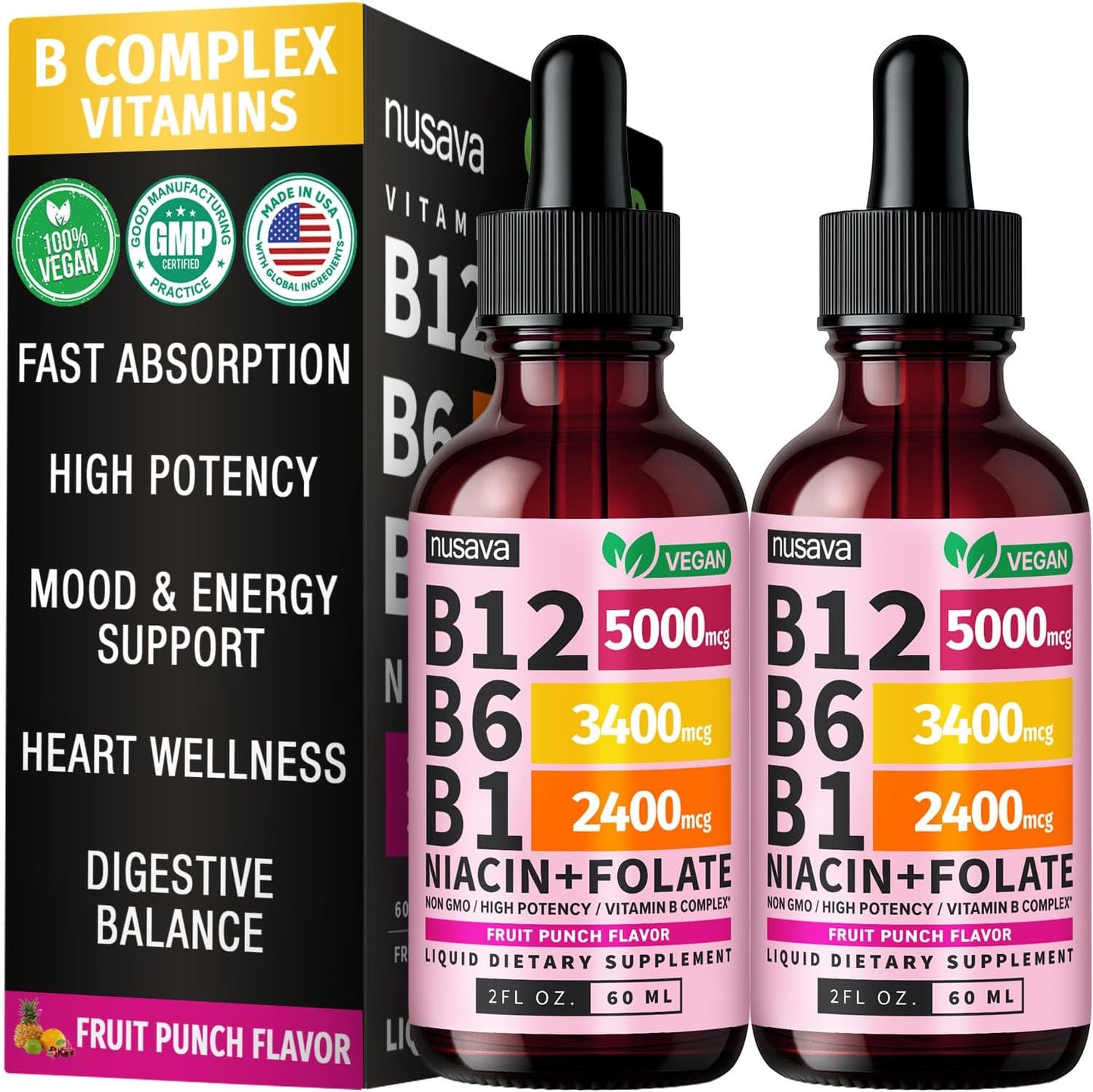 NUSAVA Vitamin B12 Liquid Drops 5000mcg - B-Complex with B6 and B1 - Sublingual Methylcobalamin, Vegan, Non-GM, Strawberry Flavour (2 Pack) - görsel 10