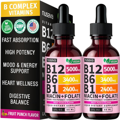 NUSAVA Vitamin B12 Liquid Drops 5000mcg - B-Complex with B6 and B1 - Sublingual Methylcobalamin, Vegan, Non-GM, Strawberry Flavour (2 Pack)