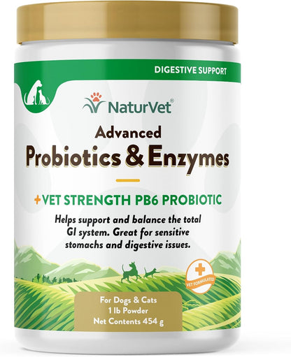 NaturVet – Advanced Probiotics & Enzymes - Plus Vet Strength PB6 Probiotic | Supports and Balances Pets with Sensitive Stomachs & Digestive Issues | for Dogs & Cats (454 g)