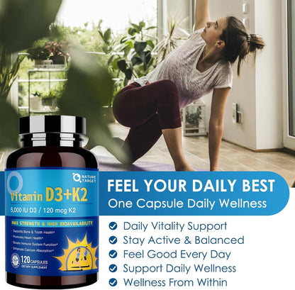 NATURE TARGET Vitamin D3 K2 with Calcium & Magnesium - 6-in-1 Complex for Bone, Heart and Immune Support