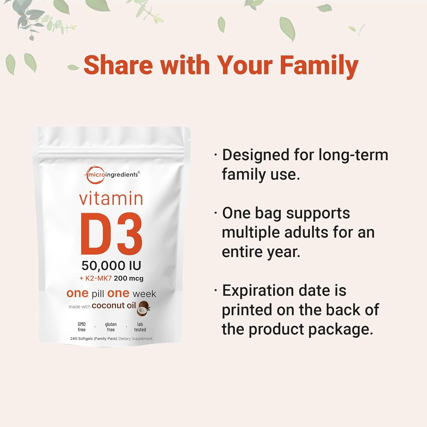 Micro Ingredients Vitamin D3 50,000 IU + K2 MK-7 200 mcg, 240 Softgels - görsel 3