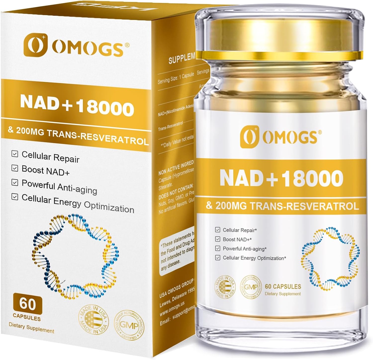 OMOGS NAD+ 300 mg + Trans-Resveratrol 200 mg – Pure NAD Supplement for Cellular Energy, DNA Repair & Healthy Ageing (60 Capsules) - görsel 1