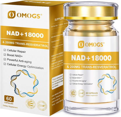 OMOGS NAD+ 300 mg + Trans-Resveratrol 200 mg – Pure NAD Supplement for Cellular Energy, DNA Repair & Healthy Ageing (60 Capsules)