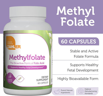 Zahler Methylfolate - 1000 mcg DFE L-Methylfolate - Methylated Folate Supplement for Women - 60 Capsules