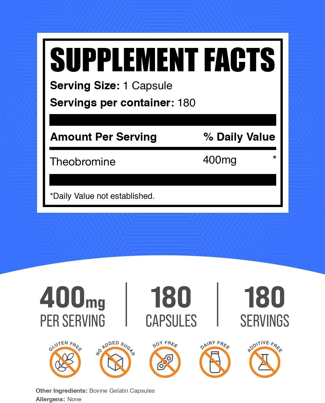 BulkSupplements Theobromine 400mg Capsules – Nootropic Supplement for Brain & Energy Support – Gluten-Free (180 Capsules) - görsel 2