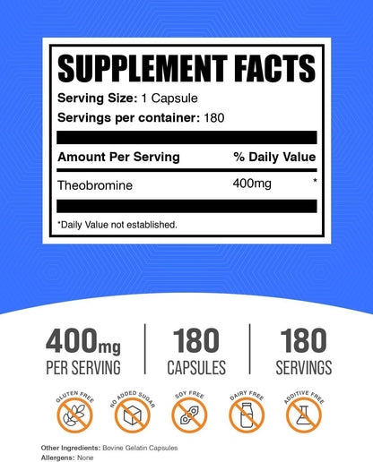 BulkSupplements Theobromine 400mg Capsules – Nootropic Supplement for Brain & Energy Support – Gluten-Free (180 Capsules)