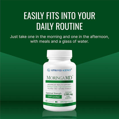 Approved Science MoringaMD - Moringa Oleifera Supplement - 1200 mg Per Serving, 4:1 Moringa Leaf Extract - Vegan Capsules - Non-GM - 60 Capsules per Bottle - Pack of 3