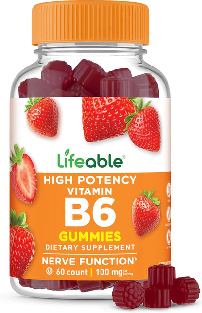 Lifeable Vitamin B6 Gummies - 100mg - Strawberry Flavour - 60 Count – Image 1