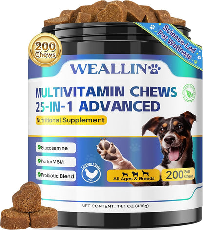 WEALLIN 25-in-1 Dog Multivitamin Chewable - Glucosamine, Probiotics, Omega-3 for Coat, Joints, Digestion and Immunity (200 Chews)