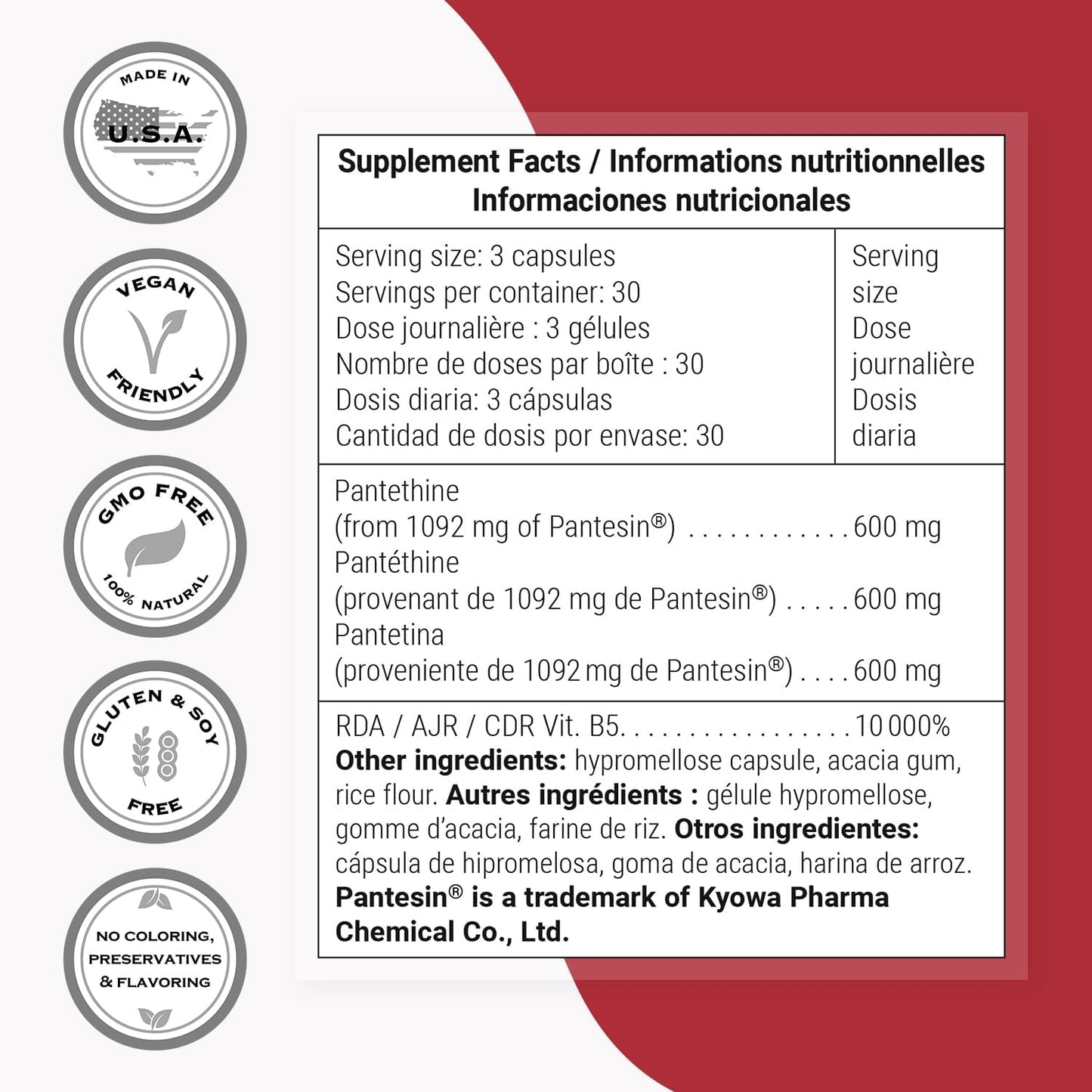 Supersmart – Pantesin Pantethine 600 mg per Day (Pantothenic Acid) – Active Vitamin B5 Supplement | Non-GM & Gluten-free – 90 Vegetarian Capsules - görsel 4