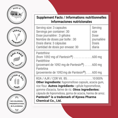Supersmart – Pantesin Pantethine 600 mg per Day (Pantothenic Acid) – Active Vitamin B5 Supplement | Non-GM & Gluten-free – 90 Vegetarian Capsules