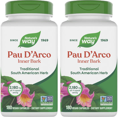 Nature's Way Pau d'Arco Inner Bark, Traditional South American Herb, 2,180 mg per 4-Capsule Serving, 100 Capsules