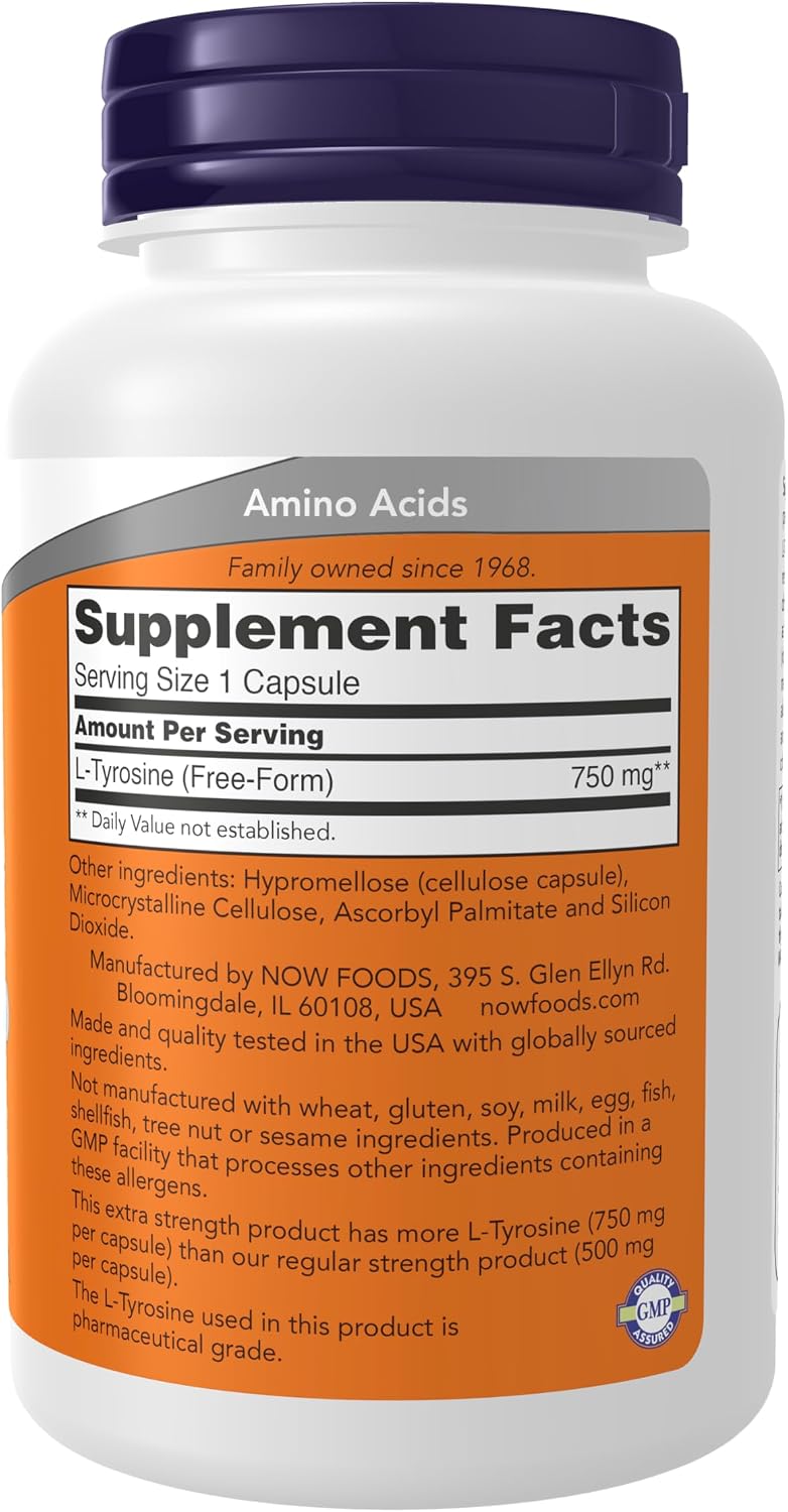 NOW Supplements, L-Tyrosine 750 mg, 90 Vegetable Capsules - görsel 2