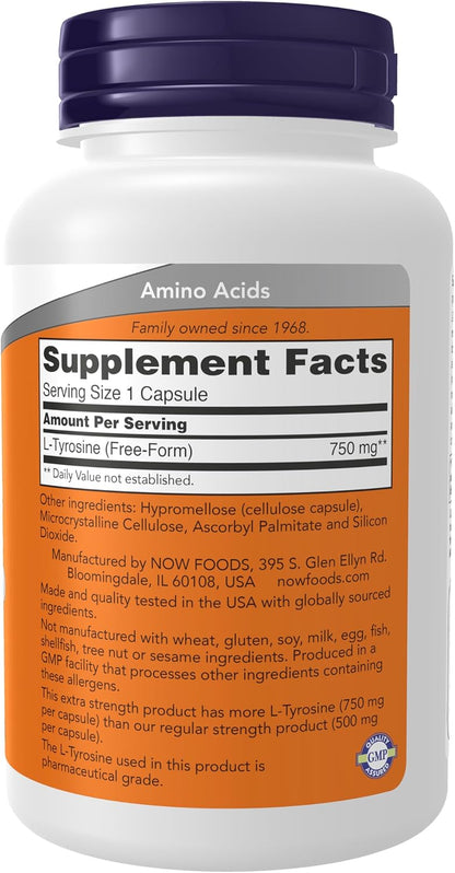 NOW Supplements, L-Tyrosine 750 mg, 90 Vegetable Capsules