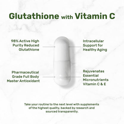 Glutathione Supplement 1,000mg Per Serving, 98% Purity | Plus Vitamin C 500mg, Active Reduced Form (GSH) – Intracellular Antioxidant, Supports Normal Immune Function & Antioxidant Defence