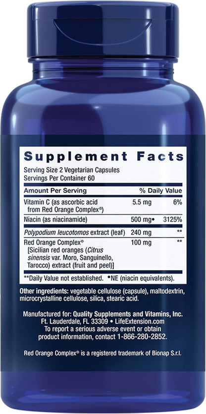 Life Extension Shade Factor – Skin Health Food Supplement with Niacinamide & Red Orange Extract, Non-GM, Gluten-Free, 120 Capsules