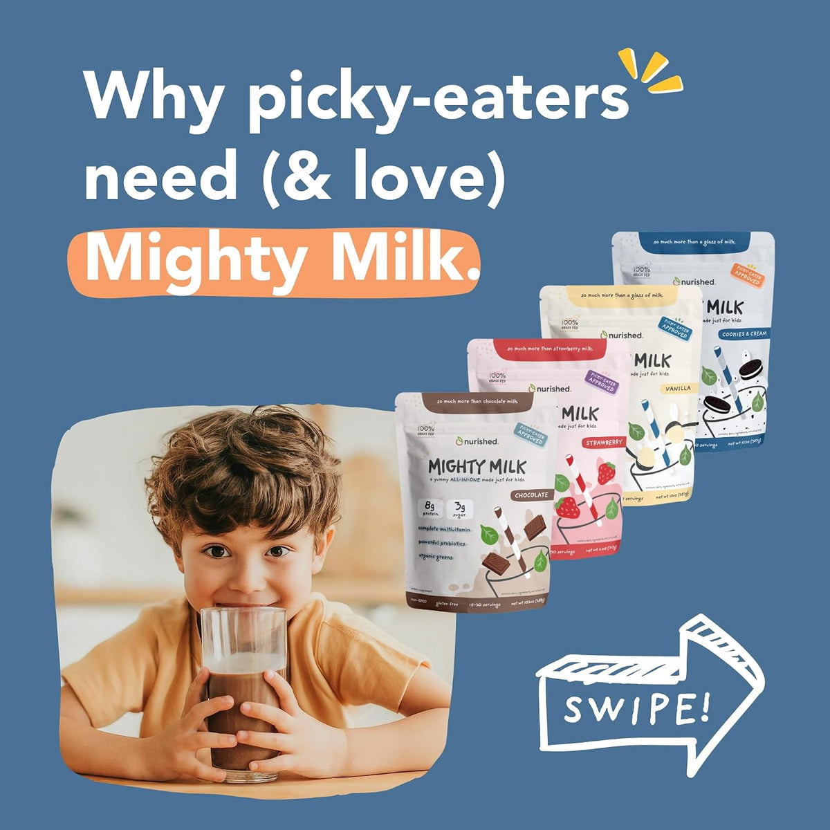 Nurished Mighty Strawberry Milk – Kids' All-in-One Daily Protein Powder & Multivitamin with Probiotics – 15-30 Servings - görsel 5