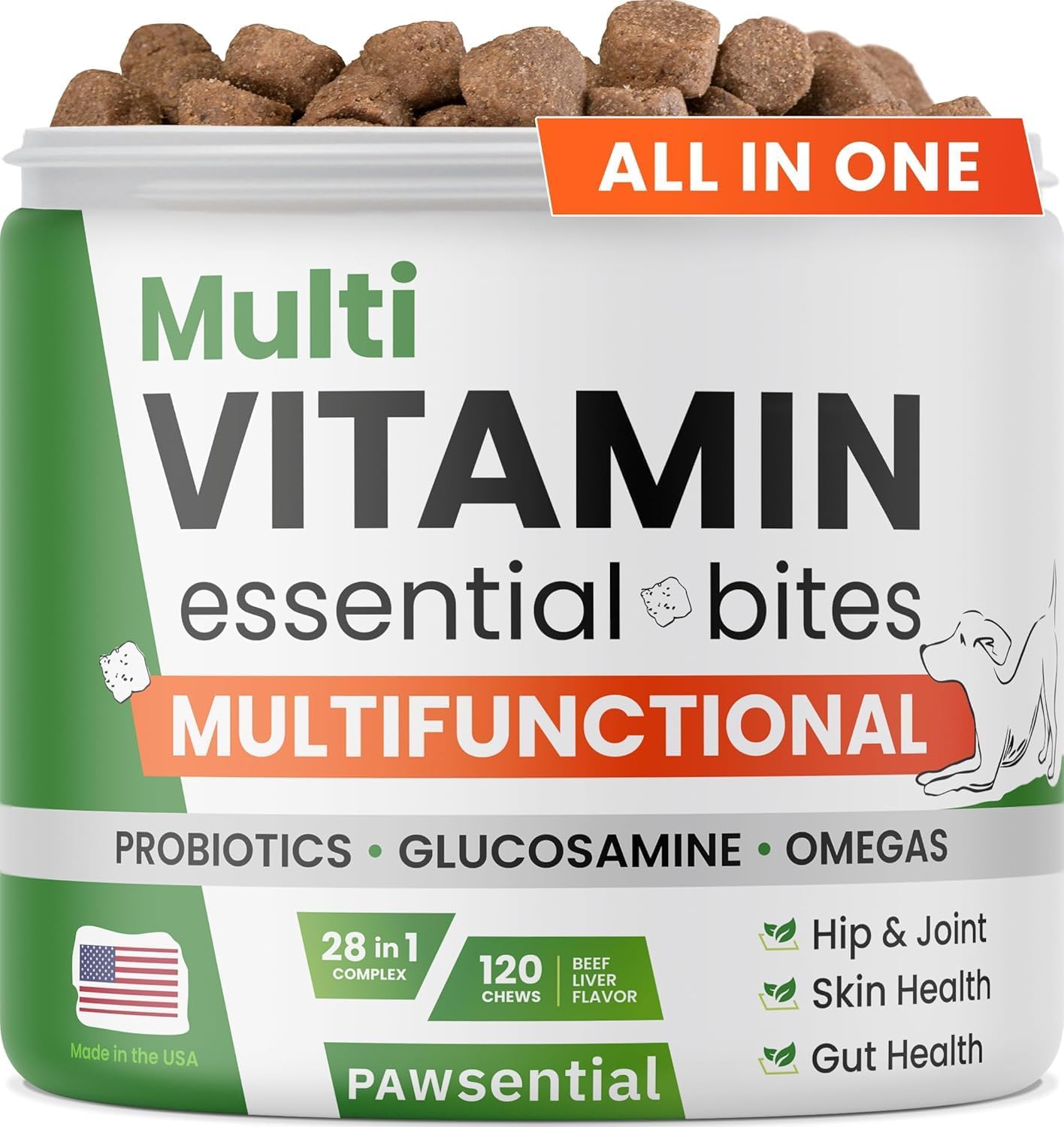 Pawsential 4-in-1 Dog Vitamins with Omega, Glucosamine, Probiotics – 120 Chews, BBQ Beef Flavour - görsel 1
