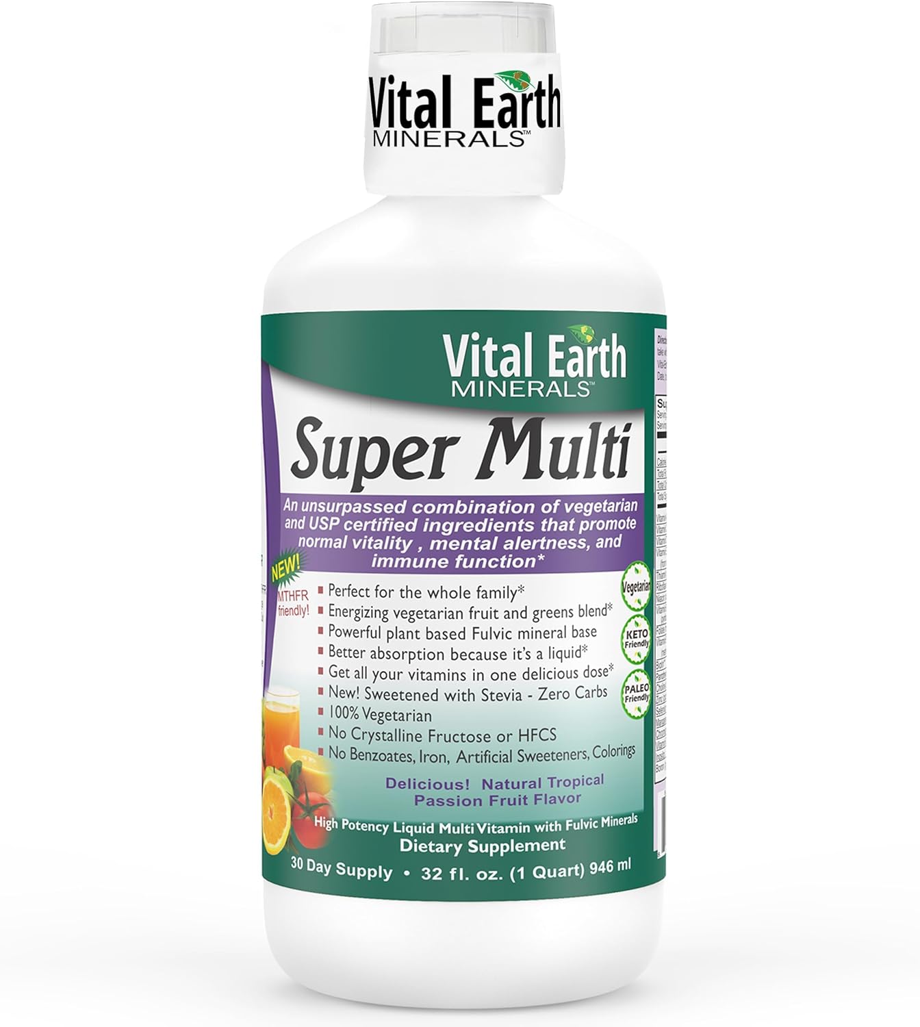 Vital Earth Minerals Super Multi – Liquid Multivitamin for Women, Men & Children, with Fulvic Acid for Better Absorption, MTHFR Support, 946ml + 30ml Cup - görsel 1