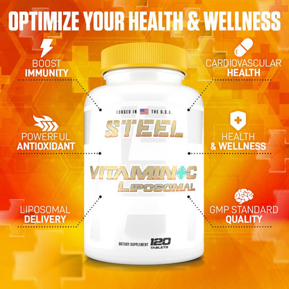Steel Supplements Liposomal Vitamin C | Immune Function, Antioxidant, Heart Health | 1000mg Vitamin C, Cyclosome Technology | 120 Tablets