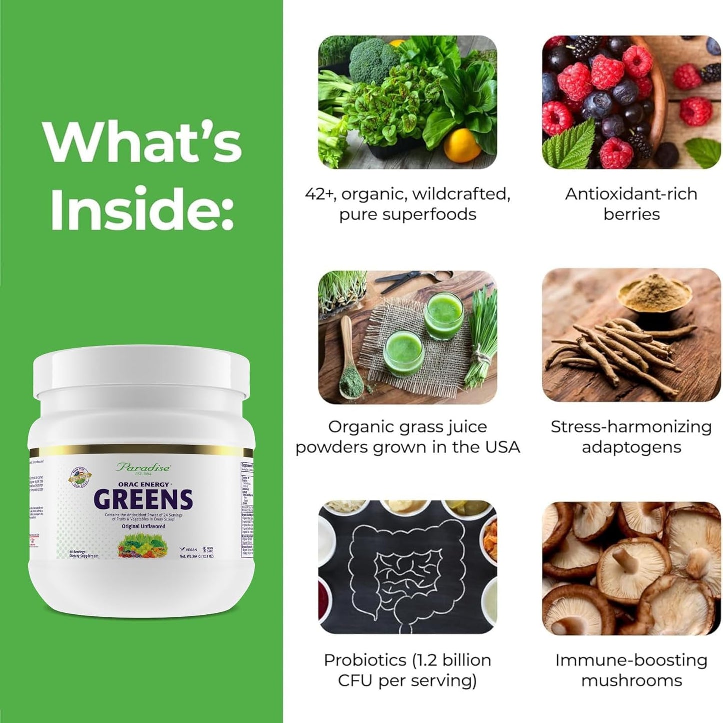 Paradise ORAC Energy Greens Powder Extract – Super Antioxidants, Probiotics and Spirulina, 60 Servings - görsel 3