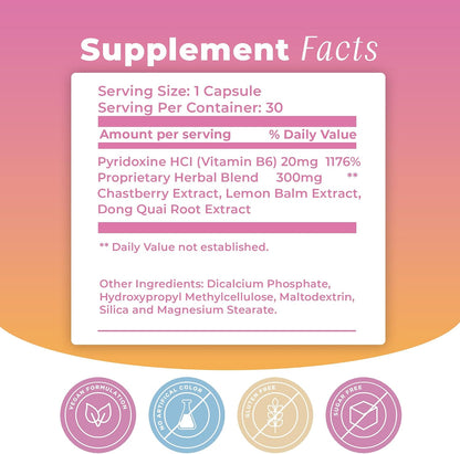 BIOTOPLEVEL PMS Support Supplement – Hormone Balance and Menstrual Relief with Chasteberry, Vitamin B6, Lemon Balm, Dong Quai (30 Vegan Capsules)