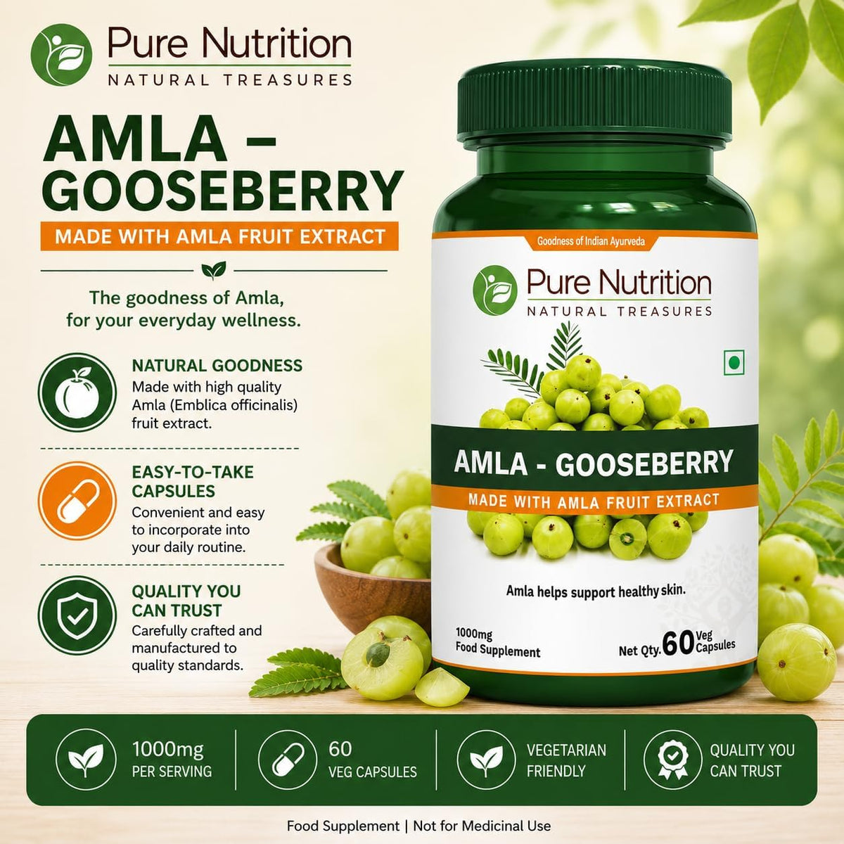 Pure Nutrition Amla Capsules (Indian Gooseberry) 1000mg per Serving, 60 Veg Capsules - görsel 3