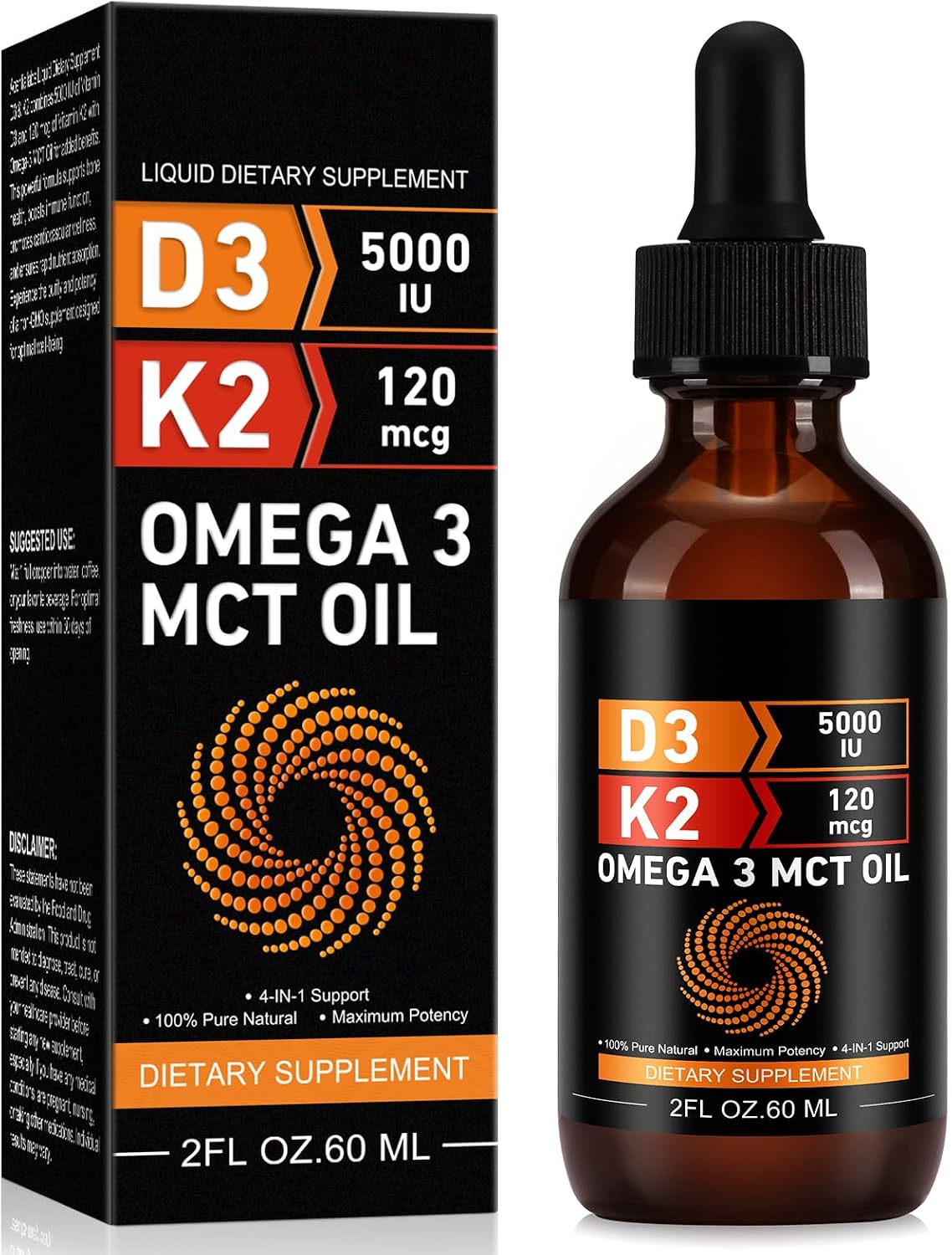 Daiasns Vitamin D3 5000 IU & K2 (MK-7) 120 mcg Liquid Drops with MCT Oil Omega-3 – 2 Month Supply - görsel 1