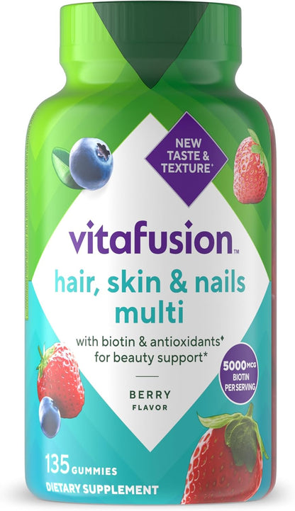 Vitafusion Gorgeous Hair, Skin & Nails Multivitamin Gummy Vitamins with Biotin and Vitamins C & E, Raspberry Flavour, 135 Count