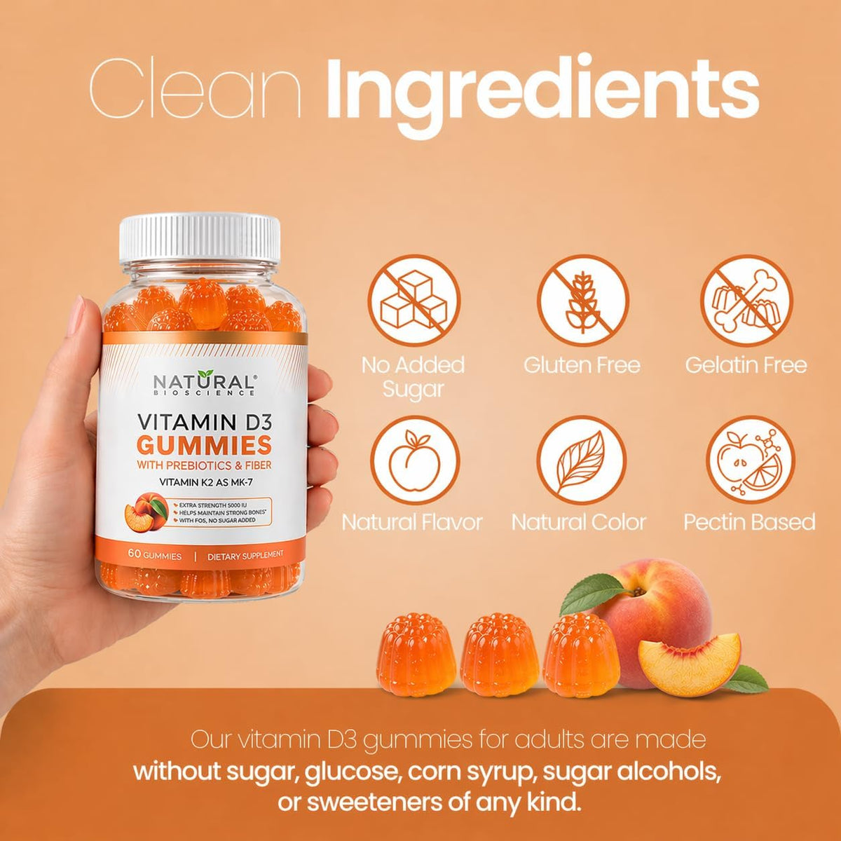 Sugar Free Vitamin D3 K2 Gummies 5000 IU + K2 MK7 80 mcg – Natural Peach Flavour - görsel 6