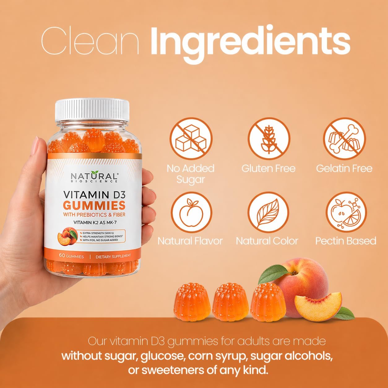 Sugar Free Vitamin D3 K2 Gummies 5000 IU + K2 MK7 80 mcg – Natural Peach Flavour - görsel 6