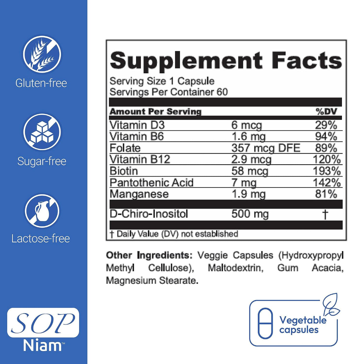 SOP NIAM D-Chiro Inositol 500mg for Women with Folic Acid, Vitamin D3, B6, B12, Biotin - 60 Vegan Capsules - görsel 7
