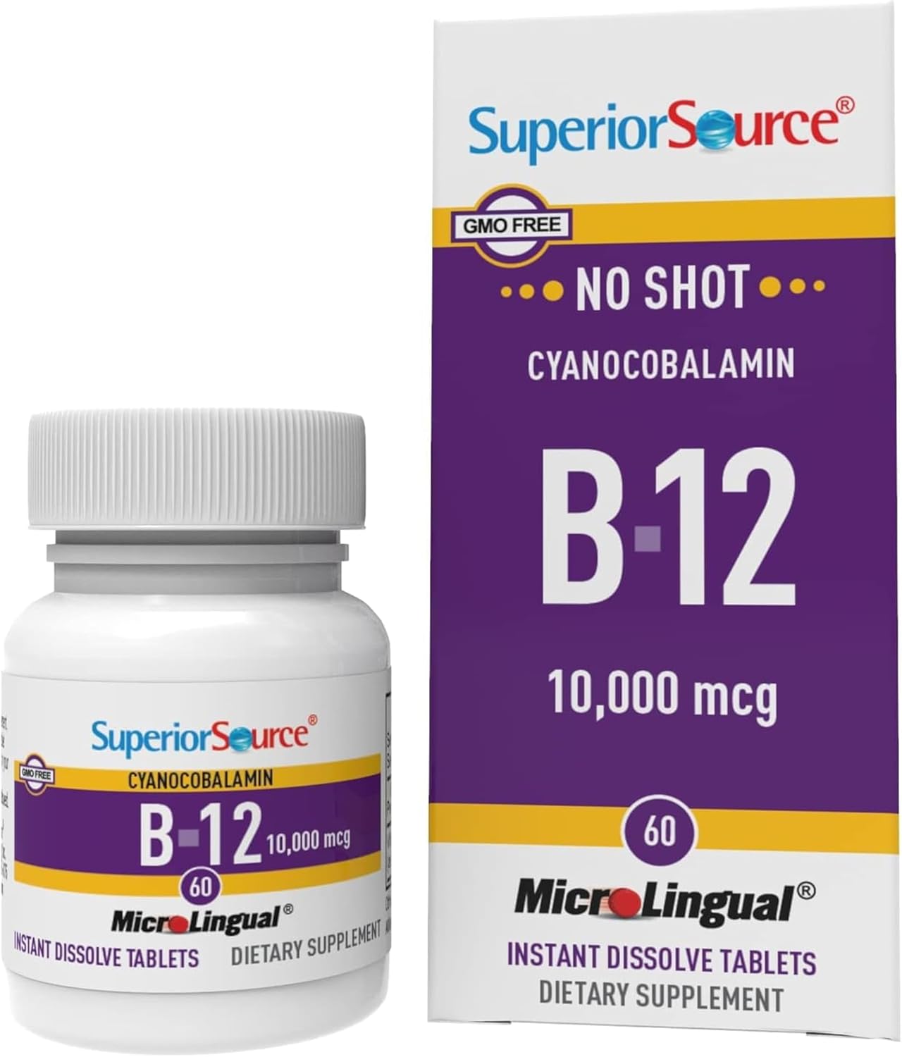 Superior Source No Shot Vitamin B12 Cyanocobalamin 10,000 mcg Sublingual Tablets, 60 Tablets - görsel 1
